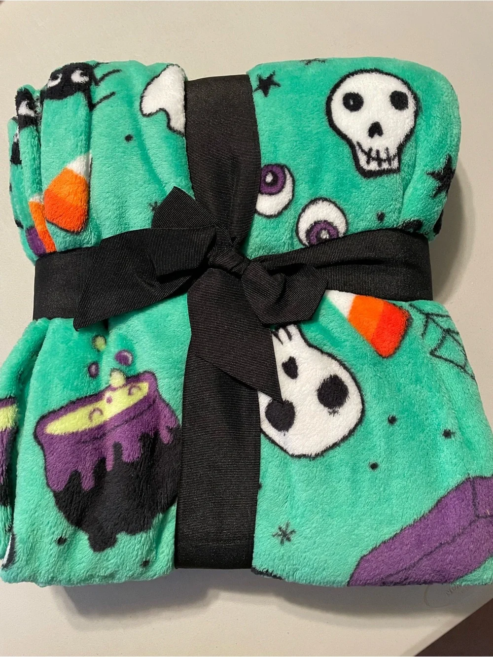 Microplush Throw Blanket - Teal with Halloween Prints New